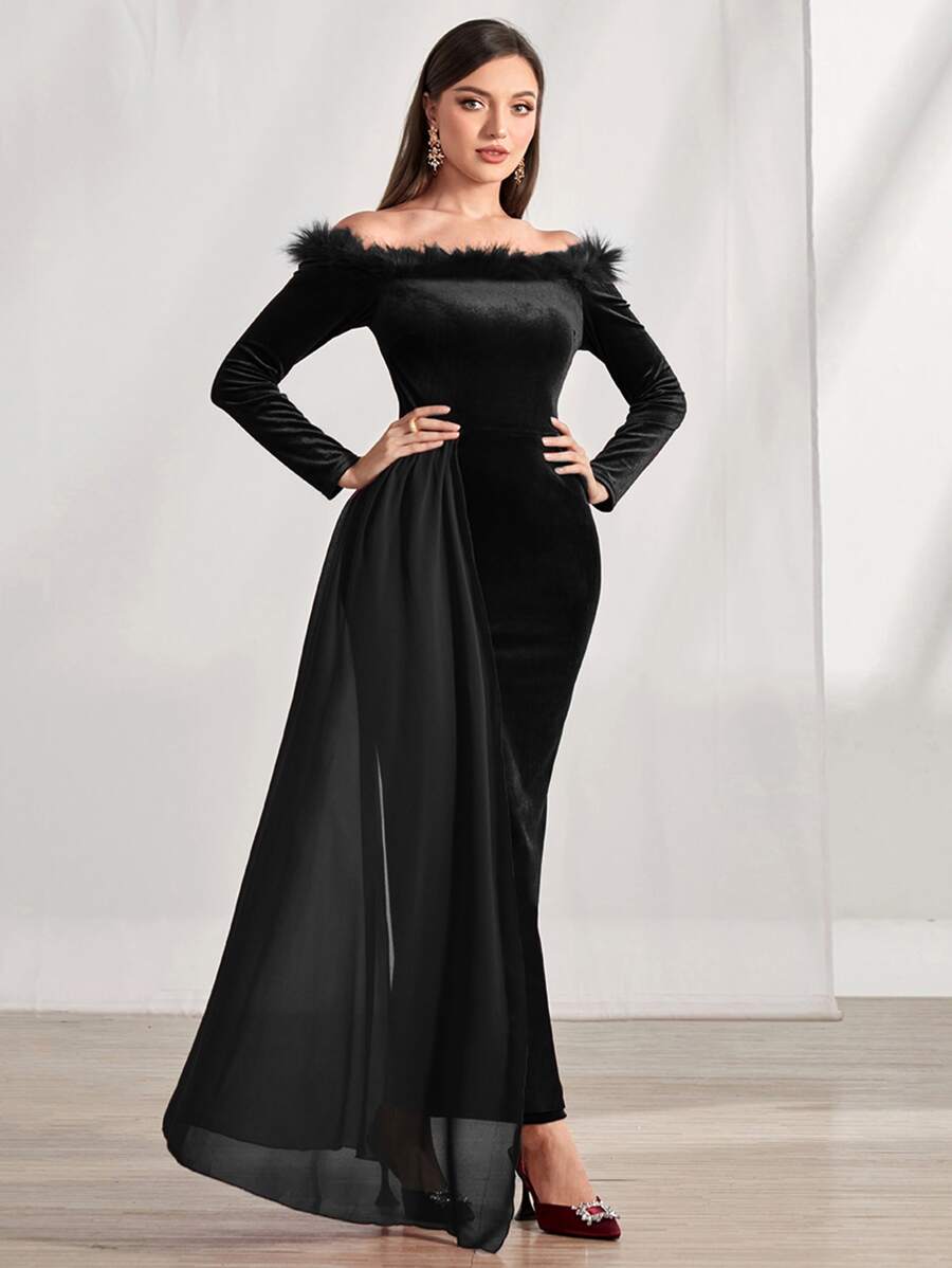 Modelyn Đầm Chia Bất đối xứng Tương phản lông thú giả màu trơn Hấp dẫn - màu đen - Xem 1