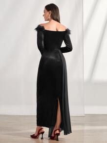 Modelyn Đầm Chia Bất đối xứng Tương phản lông thú giả màu trơn Hấp dẫn - màu đen - Xem 2