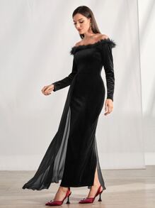 Modelyn Đầm Chia Bất đối xứng Tương phản lông thú giả màu trơn Hấp dẫn - màu đen - Xem 3