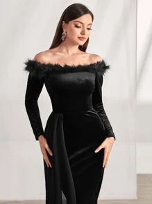 Modelyn Đầm Chia Bất đối xứng Tương phản lông thú giả màu trơn Hấp dẫn - màu đen - Xem 4