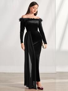 Modelyn Đầm Chia Bất đối xứng Tương phản lông thú giả màu trơn Hấp dẫn - màu đen - Xem 5