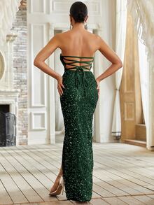 YISIKADO Đầm Lộ Lưng Ren lên Dây kéo Tách cao màu trơn Hấp dẫn - màu xanh lá - Xem 2