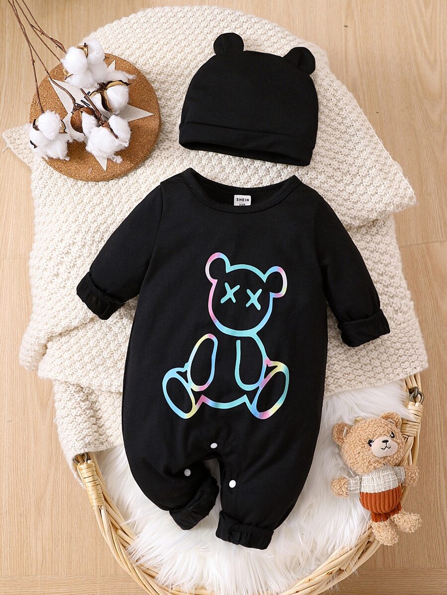 男嬰小熊印花連身褲 - 黑色 - 查看 1