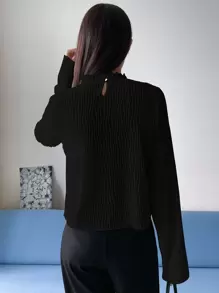 DAZY 荷叶边领口锁眼后背 T 恤，秋季服装长袖女式上衣 - 黑色 - 查看 2