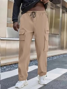 Manfinity Men Letter Graphic Flap Pocket Drawstring Waist Cargo Trousers - Khaki - View 5