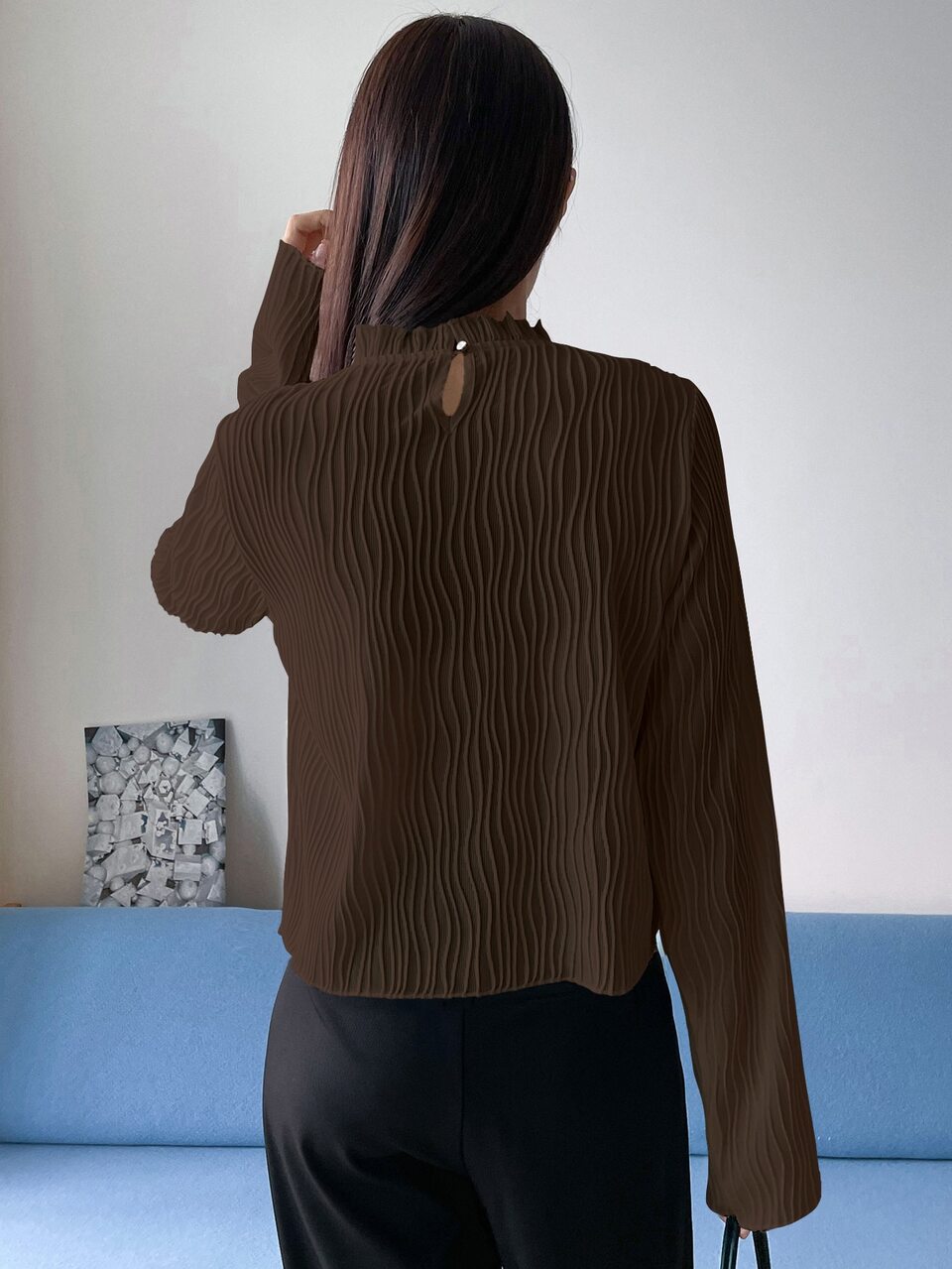 Frill Neck Keyhole Back Tee,Fall Clothes,Back To School Clothes Long Sleeve Women Tops