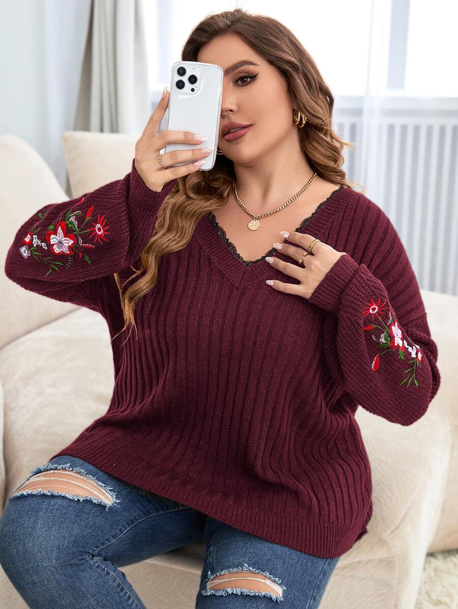 SHEIN LUNE Plus Floral Embroidery Lace Trim Drop Shoulder Jumper - Maroon - View 1