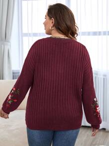SHEIN LUNE Plus Floral Embroidery Lace Trim Drop Shoulder Jumper - Maroon - View 2