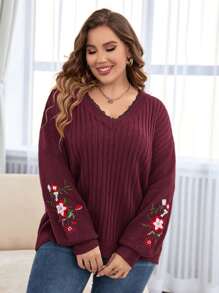SHEIN LUNE Plus Floral Embroidery Lace Trim Drop Shoulder Jumper - Maroon - View 3