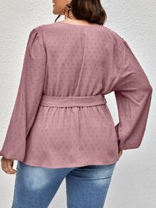 SHEIN LUNE Plus Swiss Dot Surplice Neck Belted Blouse - Dusty Pink - View 2