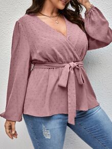 SHEIN LUNE Plus Swiss Dot Surplice Neck Belted Blouse - Dusty Pink - View 4