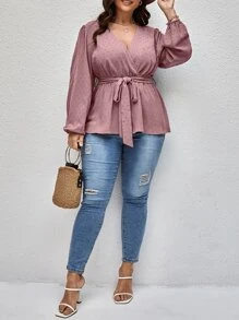 SHEIN LUNE Plus Swiss Dot Surplice Neck Belted Blouse - Dusty Pink - View 5