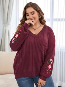 SHEIN LUNE Plus Floral Embroidery Lace Trim Drop Shoulder Jumper - Maroon - View 4