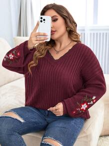 SHEIN LUNE Plus Floral Embroidery Lace Trim Drop Shoulder Jumper - Maroon - View 5