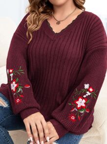 SHEIN LUNE Plus Floral Embroidery Lace Trim Drop Shoulder Jumper - Maroon - View 6