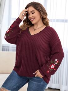 SHEIN LUNE Plus Floral Embroidery Lace Trim Drop Shoulder Jumper - Maroon - View 7