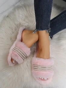 Dép đi trong Nhà dành Nữ Pha lê kim cương Ngọc trai màu trơn Đúng mốt - Màu Hồng baby - Xem 2
