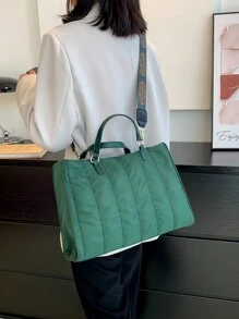 尼龙泡泡绣花手提包，欧美时尚女士单肩包，冬季加垫绗缝手提包 - 綠色 - 查看 3