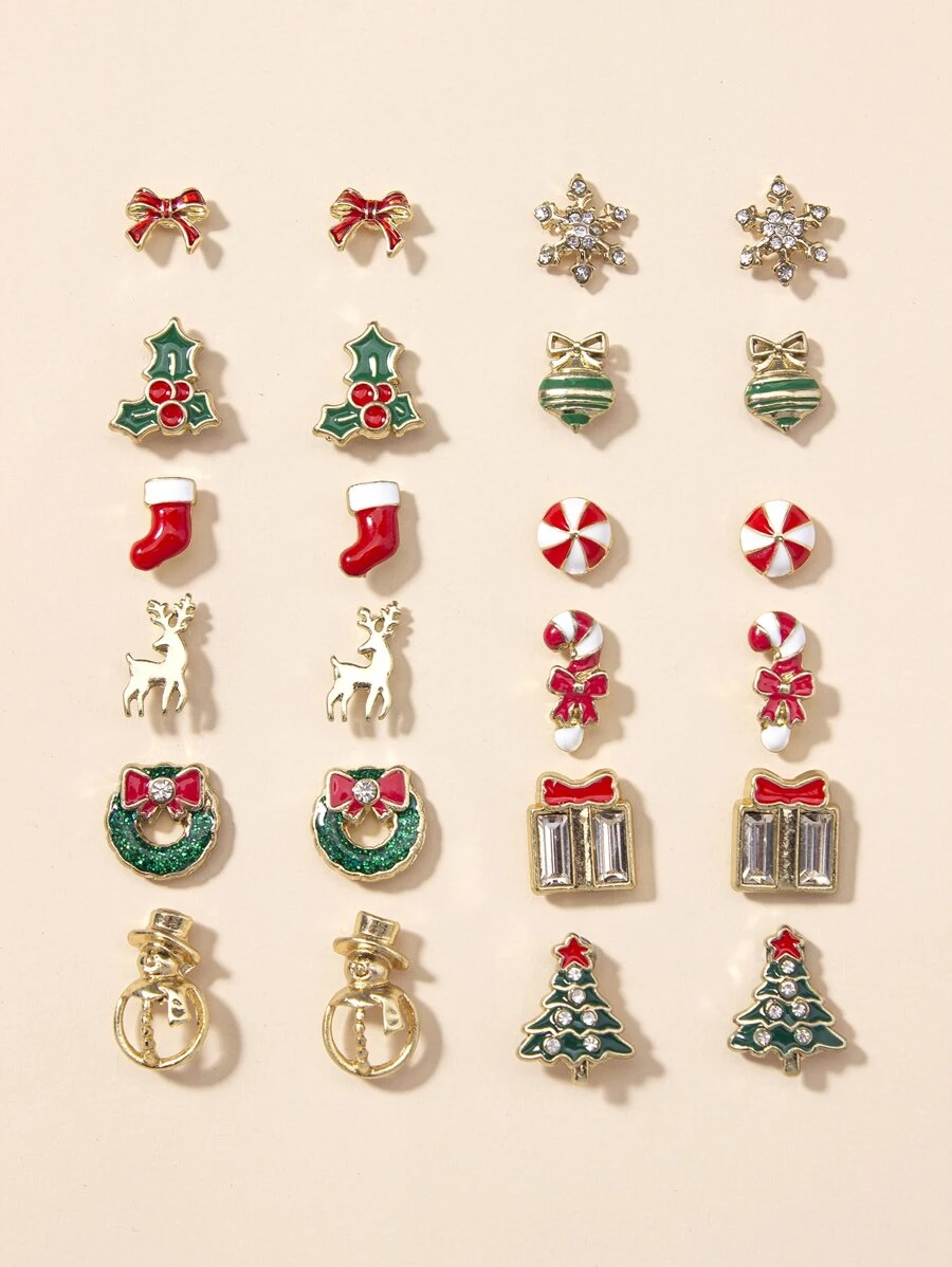12pairs Christmas Sock & Crutch Design Stud Earrings - Multicolor - View 1