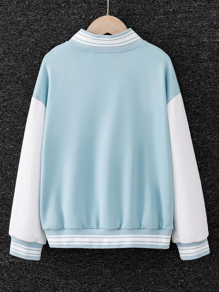 Boys 1pc Letter Graphic Colorblock Drop Shoulder Varsity Jacket - Blue and White - View 2