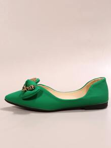 Litchi Embossed Cartoon Bear & Bow Decor Point Toe Ballet Flats - Green - View 3