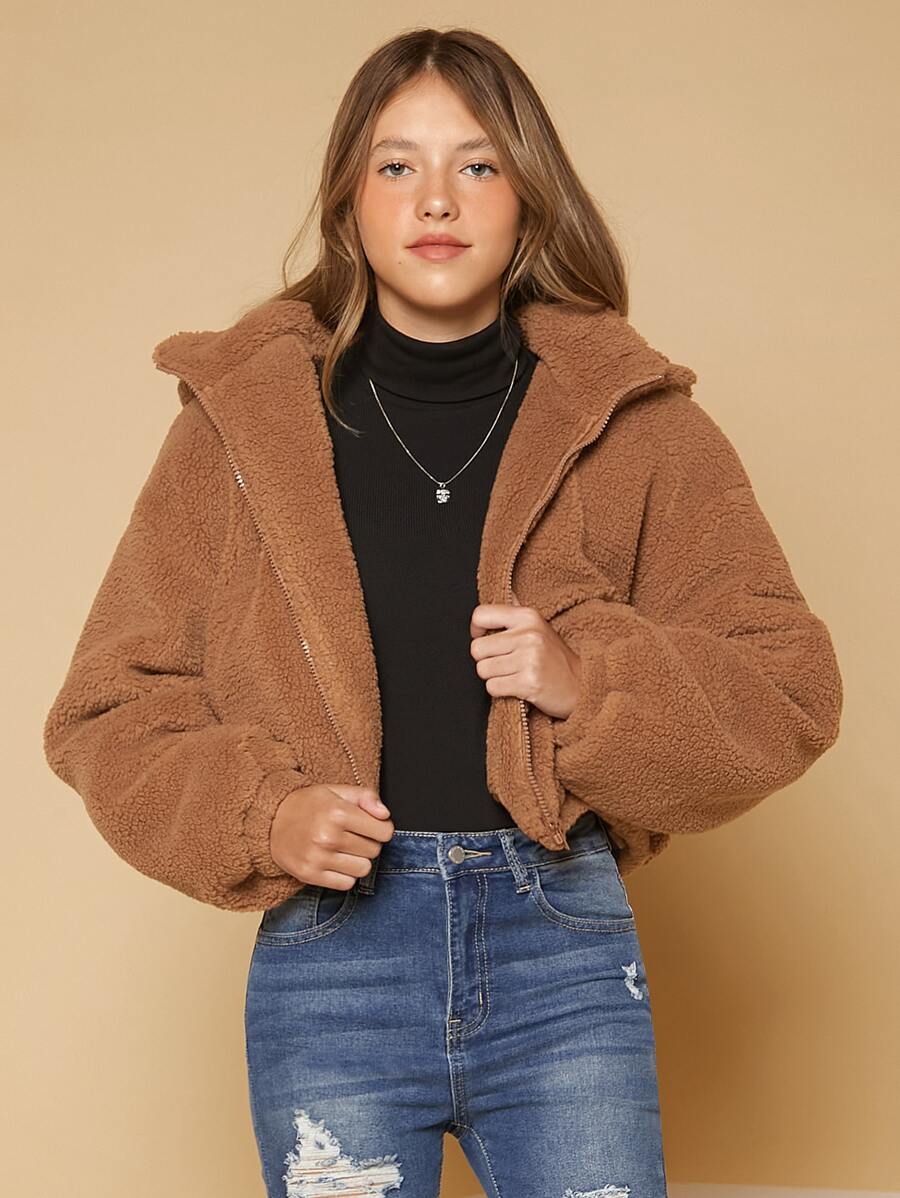 SHEIN Teen Girls Zip Up Teddy Jacket - Coffee Brown - View 1