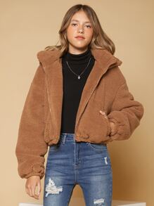 SHEIN Teen Girls Zip Up Teddy Jacket - Coffee Brown - View 3