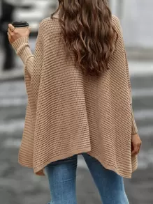SHEIN LUNE Turtleneck Batwing Sleeve Poncho - Khaki - View 2