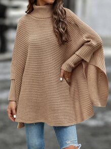 SHEIN LUNE Turtleneck Batwing Sleeve Poncho - Khaki - View 4