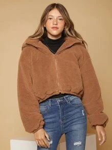 SHEIN Teen Girls Zip Up Teddy Jacket - Coffee Brown - View 6