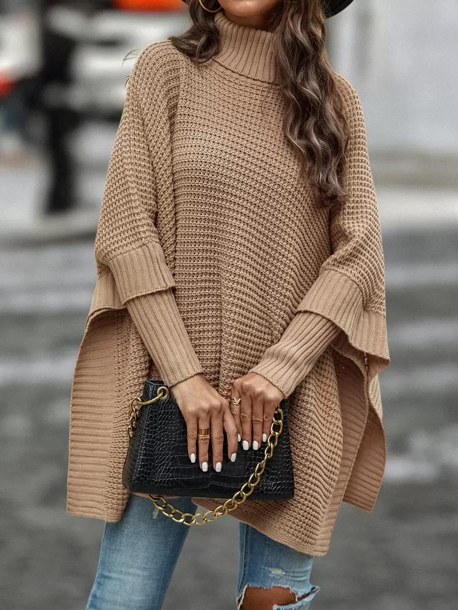 SHEIN LUNE Turtleneck Batwing Sleeve Poncho - Khaki - View 1