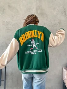 SHEIN x Carly Lawrence SHEIN MOOSTA Cazadora de universidad con estampado de figura y letra de hombros caídos de dos tonos - Verde militar - Ver 3