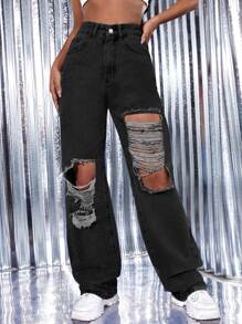 High Waist Ripped Wide Leg Jeans - Dark Grey - View 1