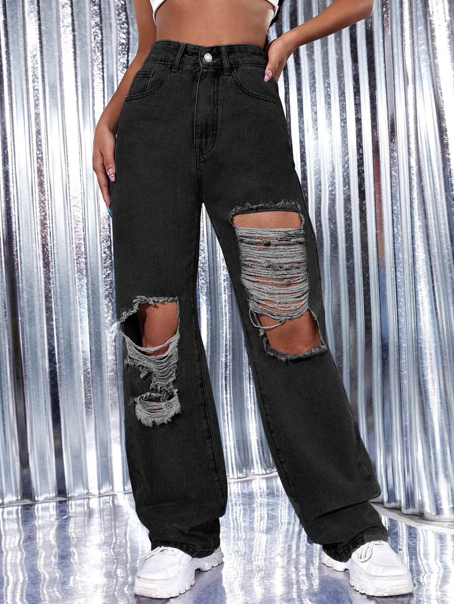 High Waist Ripped Wide Leg Jeans - Dark Grey - View 1