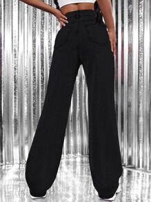 High Waist Ripped Wide Leg Jeans - Dark Grey - View 2