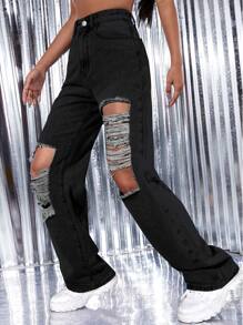 High Waist Ripped Wide Leg Jeans - Dark Grey - View 4