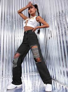 High Waist Ripped Wide Leg Jeans - Dark Grey - View 5