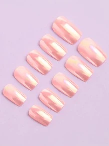 VV MEI JIA ER Transform Your Nails with 24pcs Long Square Light Pink Aurora Magic Mirror Powder Mermaid Plain Fake Nail & 1sheet Tape & 1pc Nail File