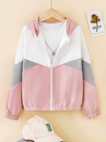 女孩1入組拼色落肩袖拉鍊連帽夾克 - 彩色 - 查看 1