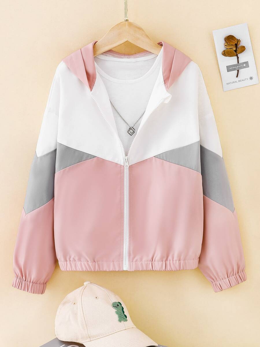 女孩1入組拼色落肩袖拉鍊連帽夾克 - 彩色 - 查看 1