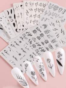 FULL BEAUTY 12pcs Simple Black Floral Pattern Stickers (Non-Adhesive) For Nail Art Decoration