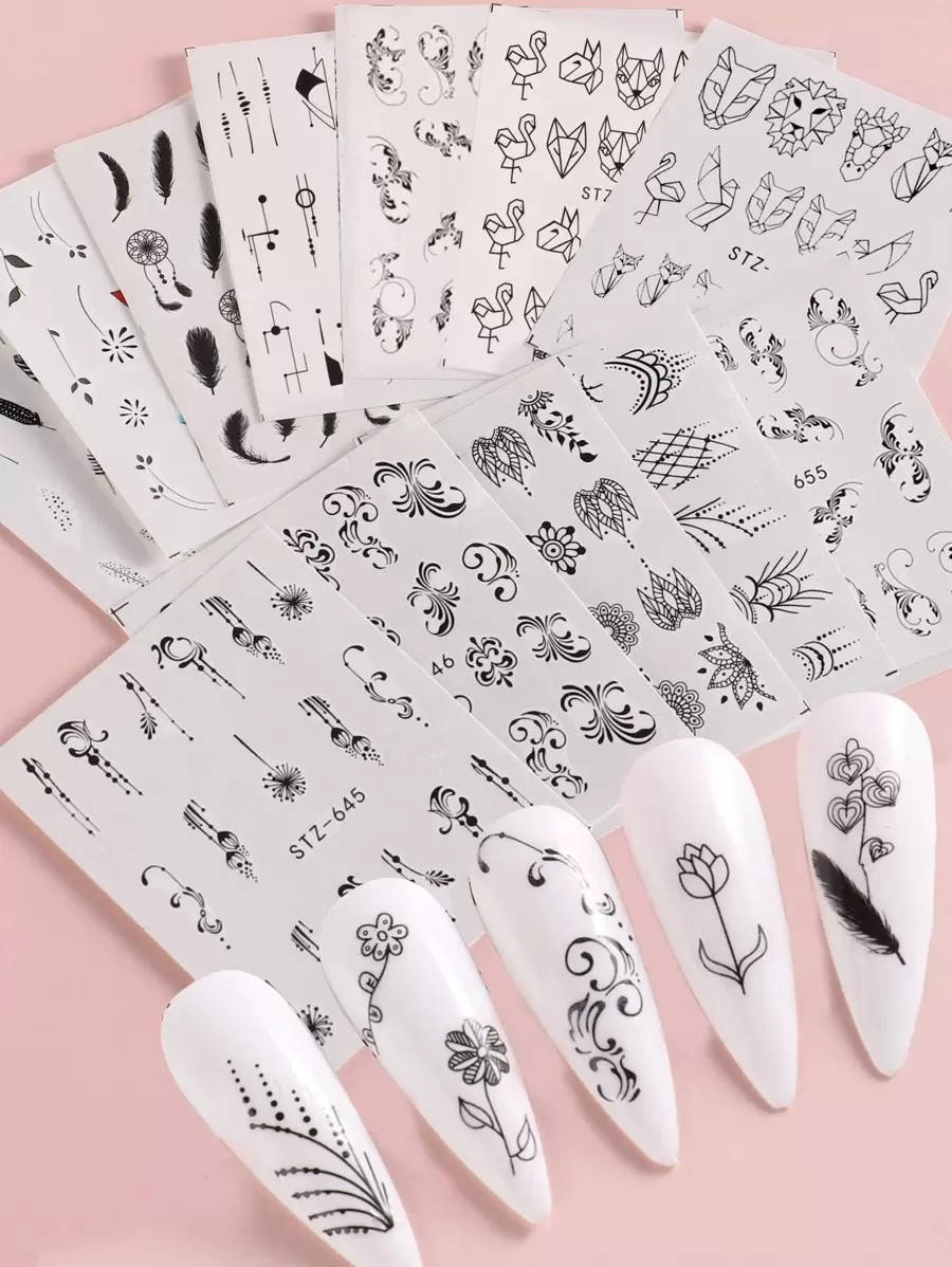 FULL BEAUTY 12pcs Simple Black Floral Pattern Stickers (Non-Adhesive) For Nail Art Decoration