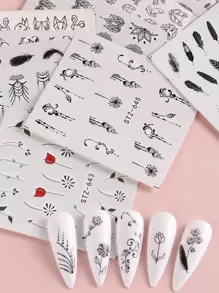 FULL BEAUTY 12pcs Simple Black Floral Pattern Stickers (Non-Adhesive) For Nail Art Decoration