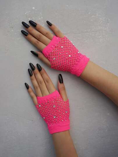 1pair Hot Drilling Pink Short Fishnet Decor Party Gloves Halloween
