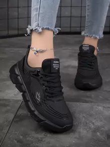 Women's Black Road Running Shoes With Patchwork Detailing, Lace-up Front - Black - View 2