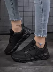 Women's Black Road Running Shoes With Patchwork Detailing, Lace-up Front - Black - View 3