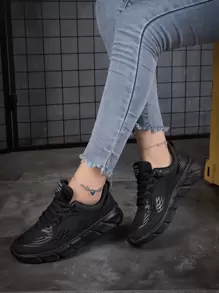 Women's Black Road Running Shoes With Patchwork Detailing, Lace-up Front - Black - View 5