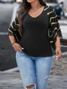 SHEIN Clasi Plus Gold Chevron Print Eyelash Lace Trim Tee Áo thun đồ họa cho nữ - màu đen - Xem 5