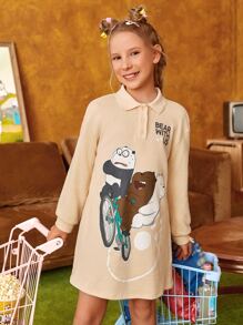 We Bare Bears X SHEIN 女孩卡通和字母圖案落肩袖衛衣洋裝