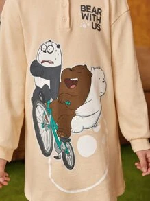 We Bare Bears X SHEIN 女孩卡通和字母圖案落肩袖衛衣洋裝